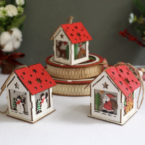 Combo 3 Red Wooden House Ornament Santa Claus Snowman Reindeer Christmas Handmade Decoration