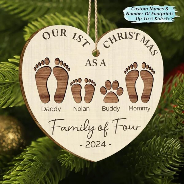 First Christmas As A Family Footprints Personalized Wooden Ornament