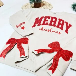 Custom Merry Christmas Side Bow Embroidered Sweatshirt