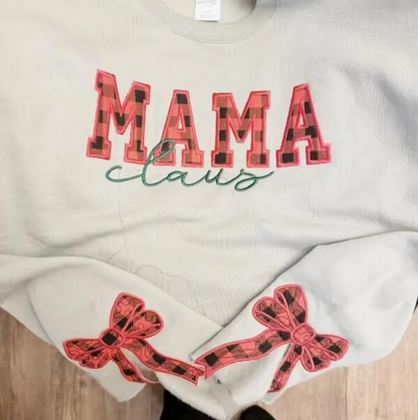 Plaid Mama Claus Side Bow Embroidered Sweatshirt