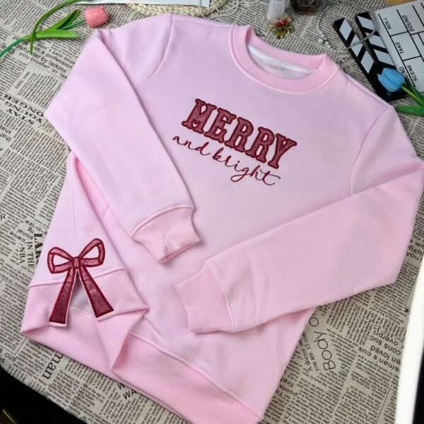 Merry And Bright Side Bow Embroidered Sweatshirt