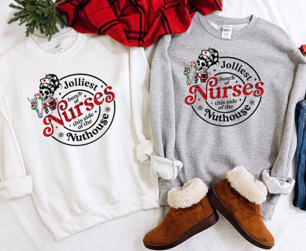 Jolliest Nuthouse Christmas Skeleton Nurse Sweatshirt