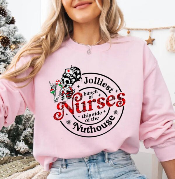 Jolliest Nuthouse Christmas Skeleton Nurse Sweatshirt